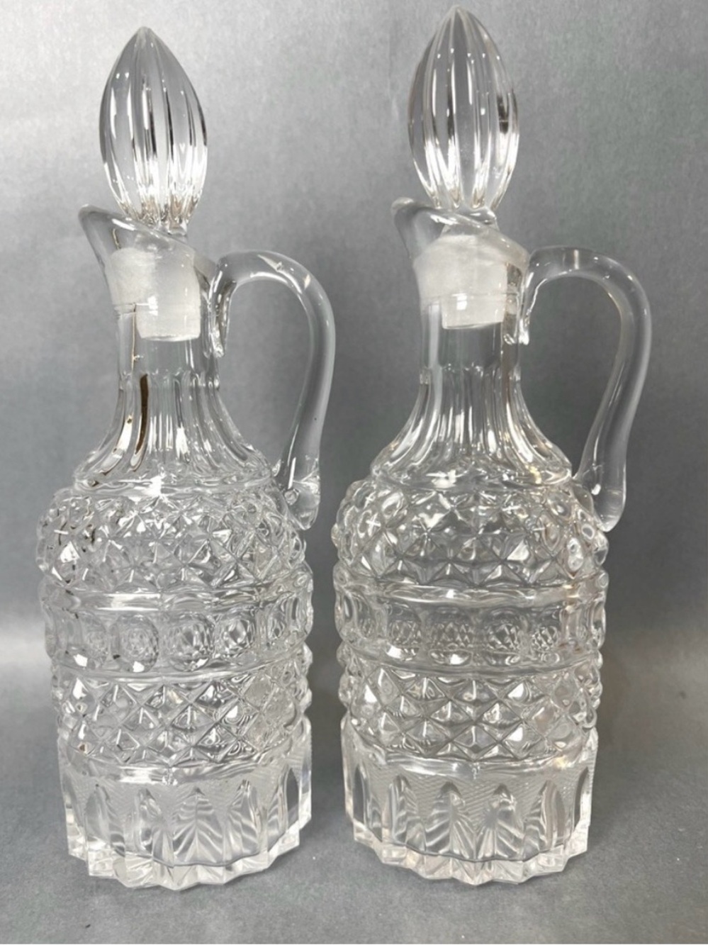 Pair (2) Vintage Pressed Glass Oil & Vinegar Cruets w Glass Stoppers.